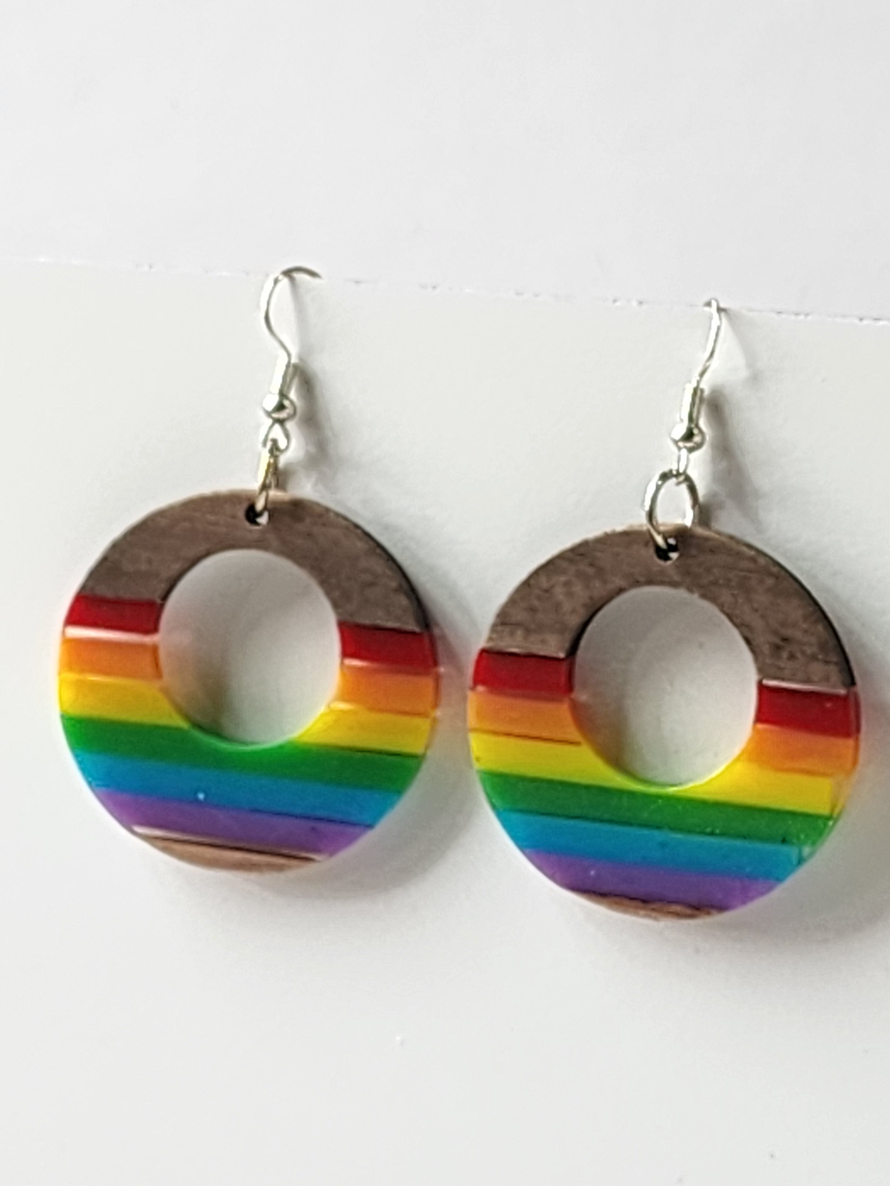 Wood and Epoxy Rainbow Earrings